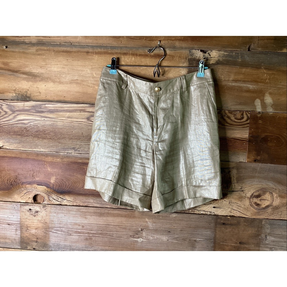 Vtg Ralph Lauren METALLIC GOLD LINEN  7"  Classic Dress SHORTS POCKETS CUFFED 6